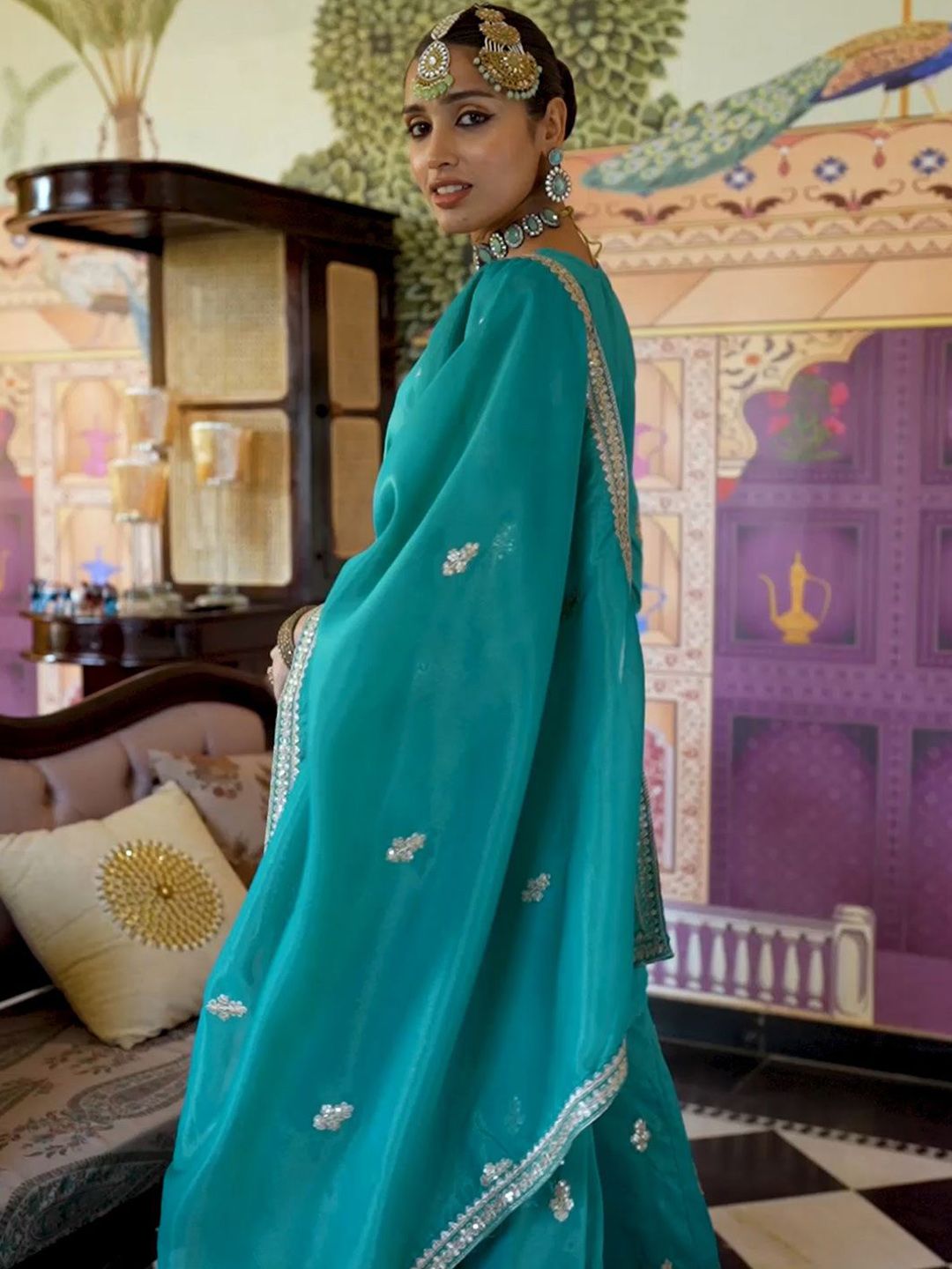 Women Ethnic Motifs Embroidered Mirror Work Kurta with Palazzos & With Dupatta