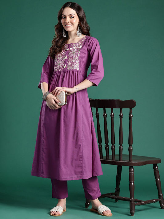 Dhiyona IE Floral Embroidered Pure Cotton Kurta with Trousers