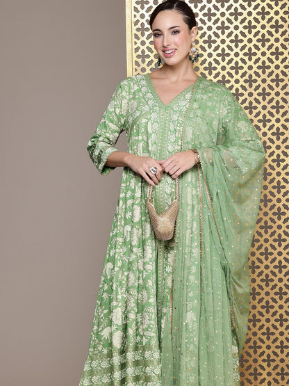 Dhiyona PD Women Jashn Ethnic Floral Foil Printed A-Line Kurta With Palazzos & Dupatta