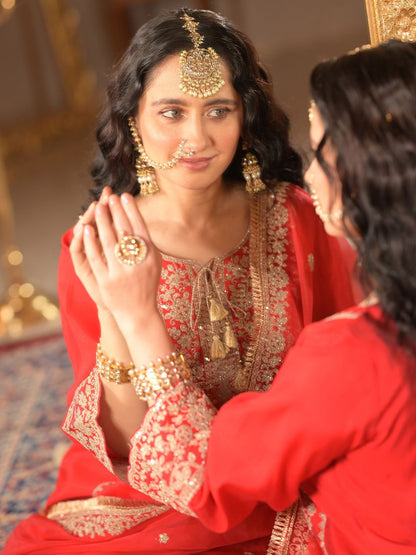 Ethnic Motifs Embroidered Zari A-Line Kurta With Trousers & Dupatta