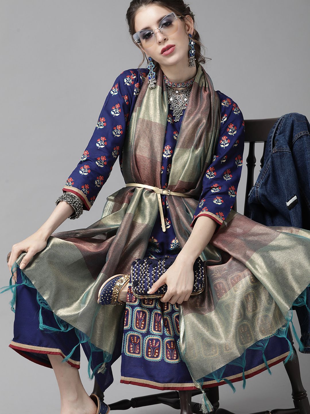 Blue & Red Romantic Floral Printed Kurta with Palazzos and Dupatta