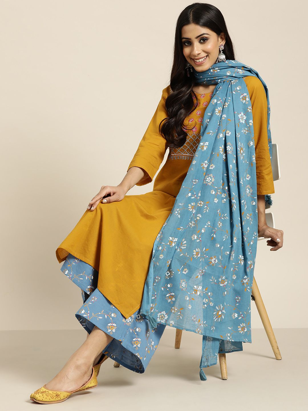 Dhiyona SN Women's Mustard YellowYoke Design Mirror Work Cotton Kurta with Palazzos & Dupatta