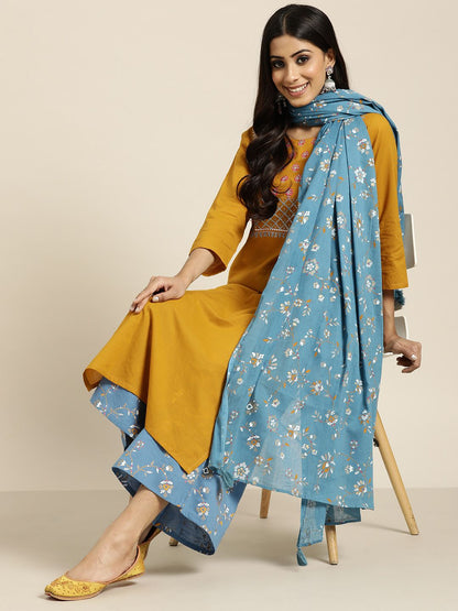 Dhiyona SN Women's Mustard YellowYoke Design Mirror Work Cotton Kurta with Palazzos & Dupatta