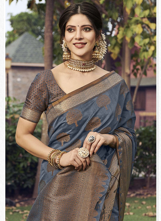 Dhiyona GR Women's Yashomati Anchor Grey Zari Woven Design Chanderi Cotton Saree