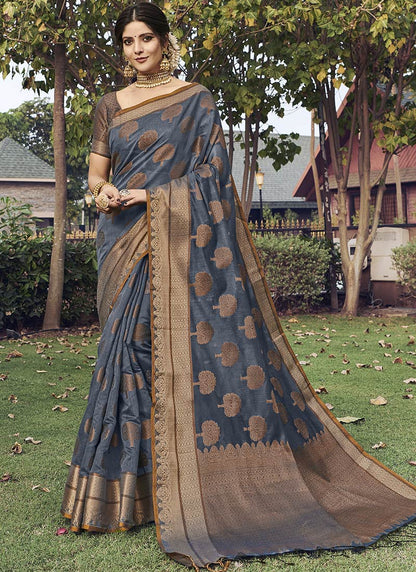 Dhiyona GR Women's Yashomati Anchor Grey Zari Woven Design Chanderi Cotton Saree