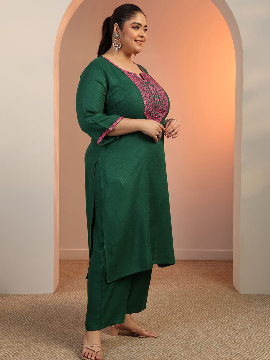 Dhiyona Women's Plus Size Ethnic Motifs Embroidered Kurta with Trousers & Dupatta