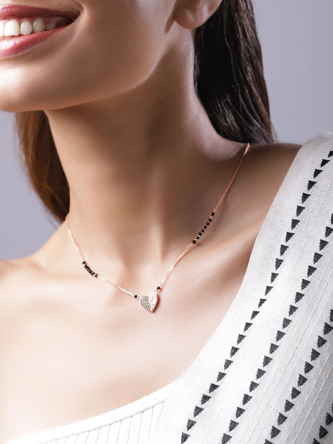Dhiyona RJ Women's Women Rose Gold Plated CZ Studded Heart Pendant Mangalsutra