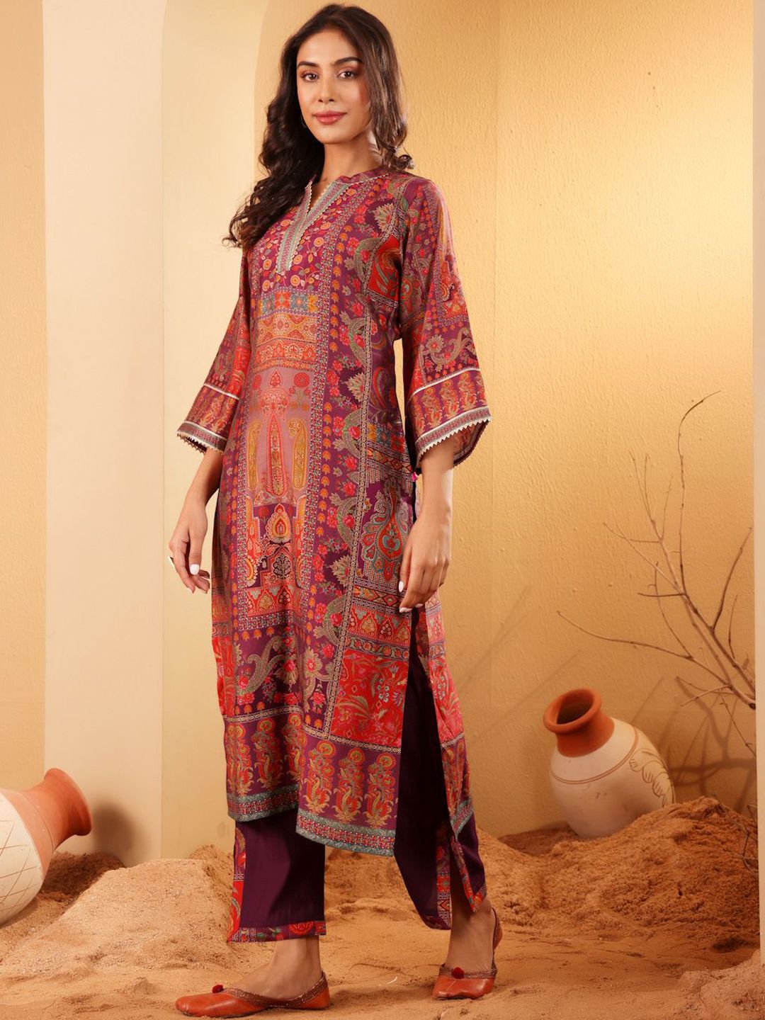 Dhiyona VA Women'sEthnic Motifs Printed Mandarin Collar Gotta Patti Chanderi Silk Kurta & Trousers