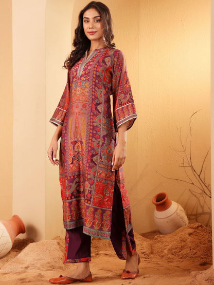 Dhiyona VA Women'sEthnic Motifs Printed Mandarin Collar Gotta Patti Chanderi Silk Kurta & Trousers