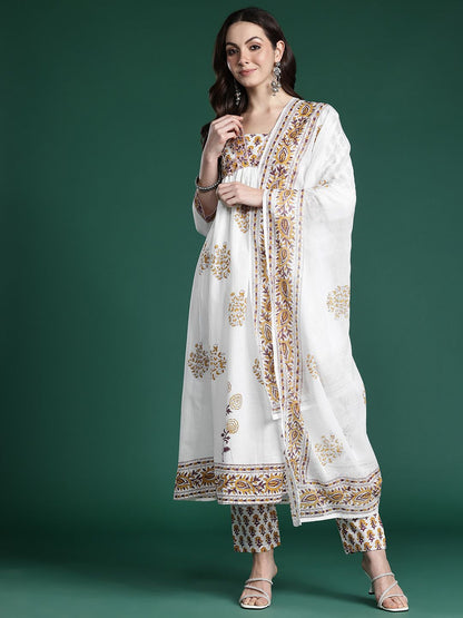 Dhiyona IE Floral Printed Empire Pure Cotton Kurta with Trousers & With Dupatta