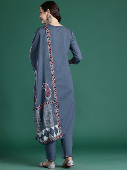 Embroidered Pure Cotton Kurta with Trousers & Dupatta