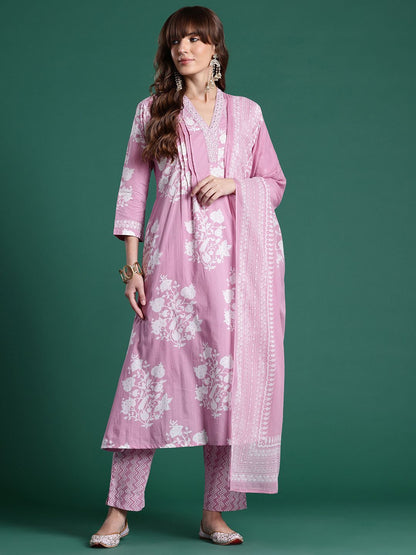 Dhiyona IE Floral Printed Pure Cotton Kurta with Trousers & Dupatta