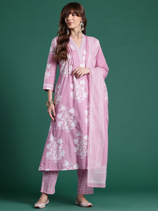 Dhiyona IE Floral Printed Pure Cotton Kurta with Trousers & Dupatta