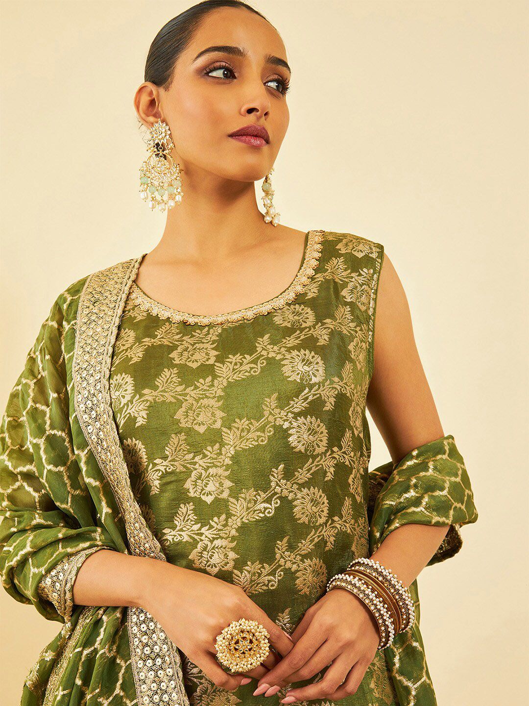 Dhiyona SO Women's Women Ethnic Motifs Woven Design Straight Sequinned Kurta with Trousers & Dupatta
