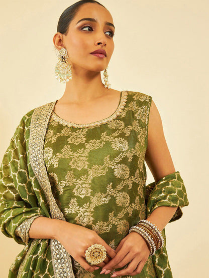 Dhiyona SO Women's Women Ethnic Motifs Woven Design Straight Sequinned Kurta with Trousers & Dupatta
