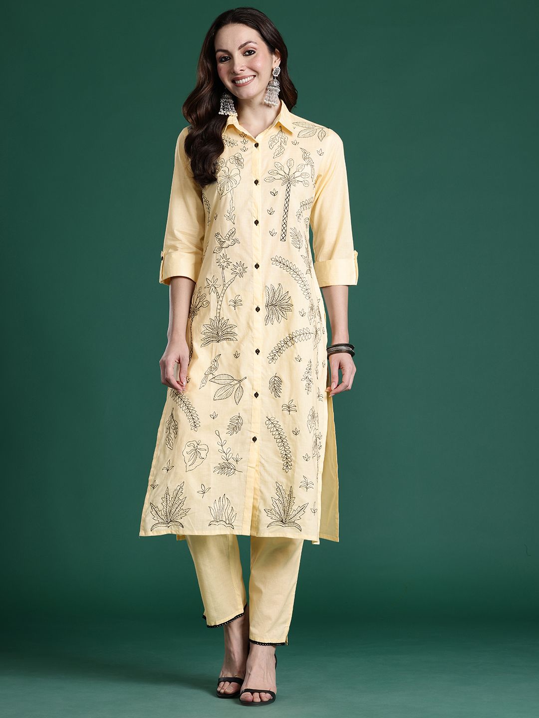 Dhiyona IE Ethnic Motifs Embroidered Thread Work Pure Cotton Kurta with Trousers