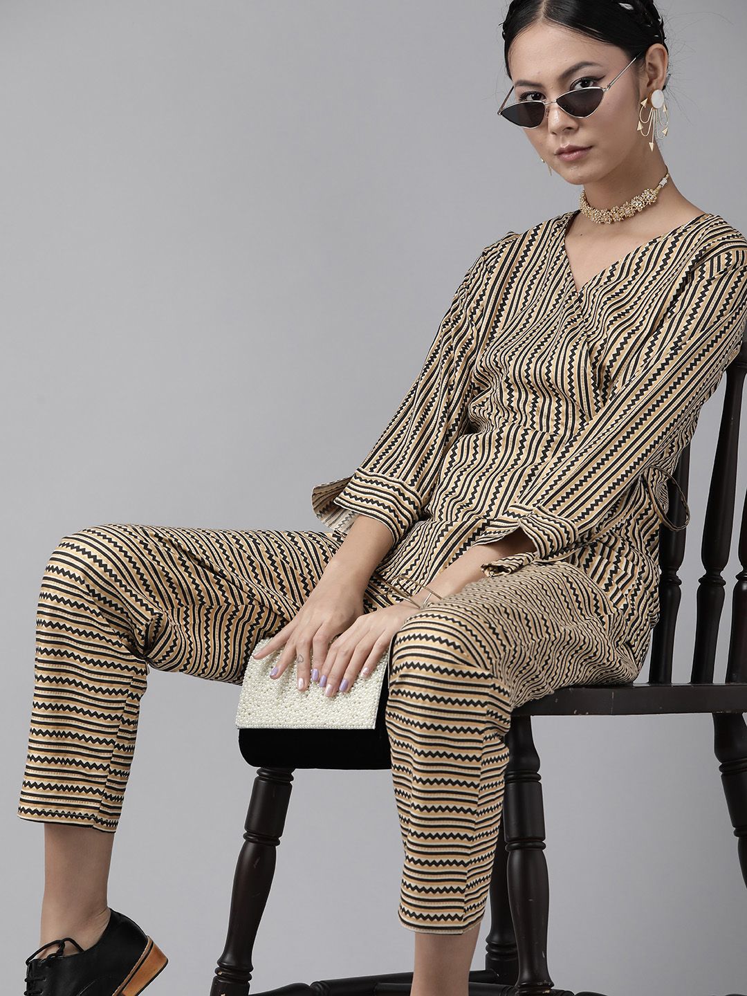Dhiyona IE Women Beige & Black Striped Wrap Top with Trousers