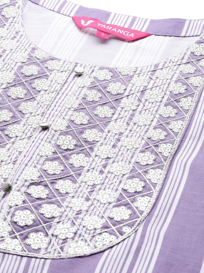 Dhiyona VA Women's Lavender & White Embroidered Kurta with Trousers & Dupatta