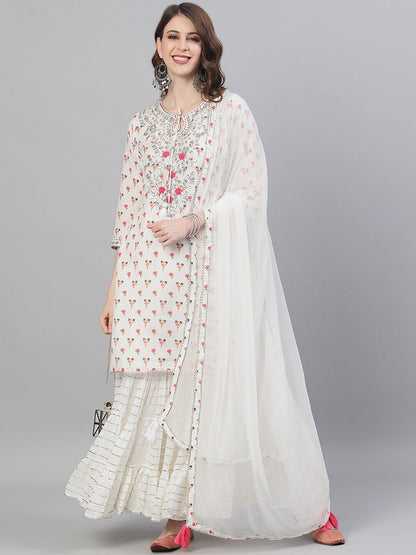Dhiyona IS Women's Women White Printed Kurta with Sharara & Dupatta