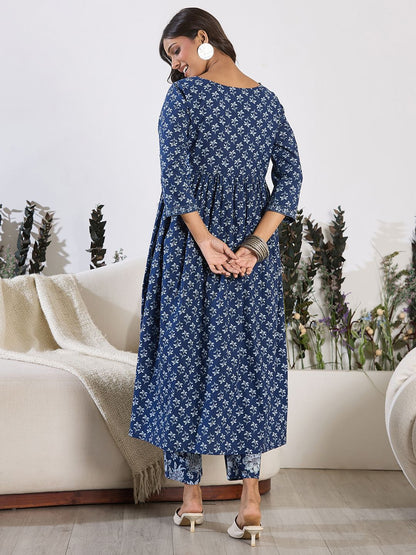 Dhiyona IE V-Neck Floral Printed Empire Pure Cotton Kurta with Trouser