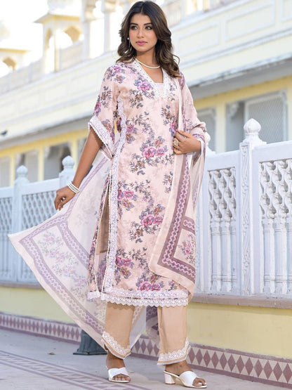 Dhiyona VA Women'sFloral Printed Mirror Work Pure Cotton Straight Kurta with Trousers & Dupatta