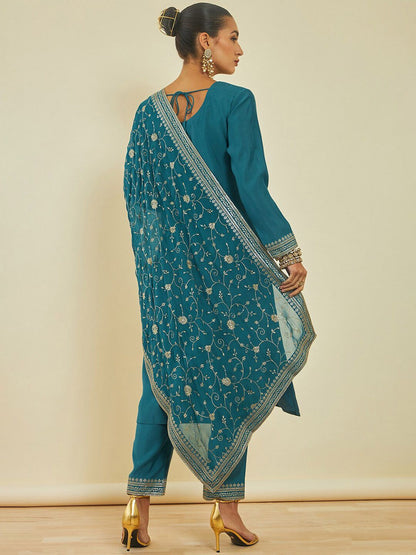 Dhiyona SO Women's Floral Embroidered Regular Sequinned Kurta With Trousers & With Dupatta