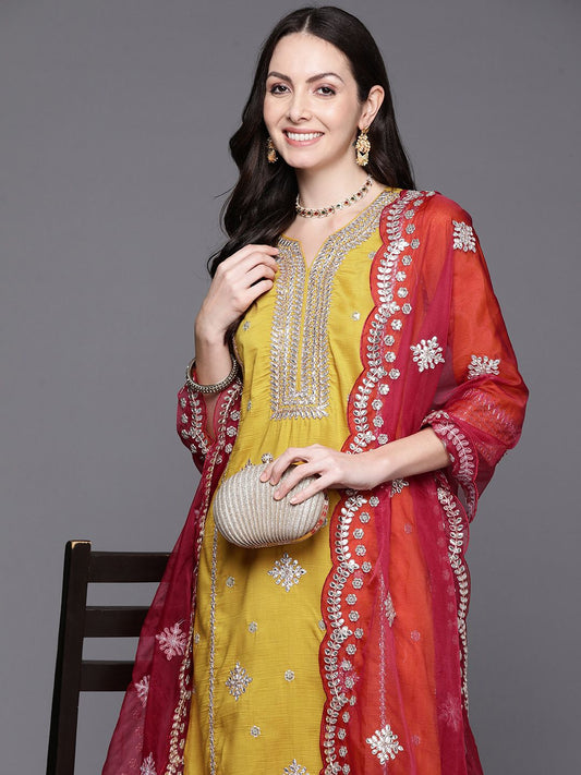 Dhiyona IE Women Ethnic Motifs Embroidered Gotta Patti Kurta with Trousers & Dupatta