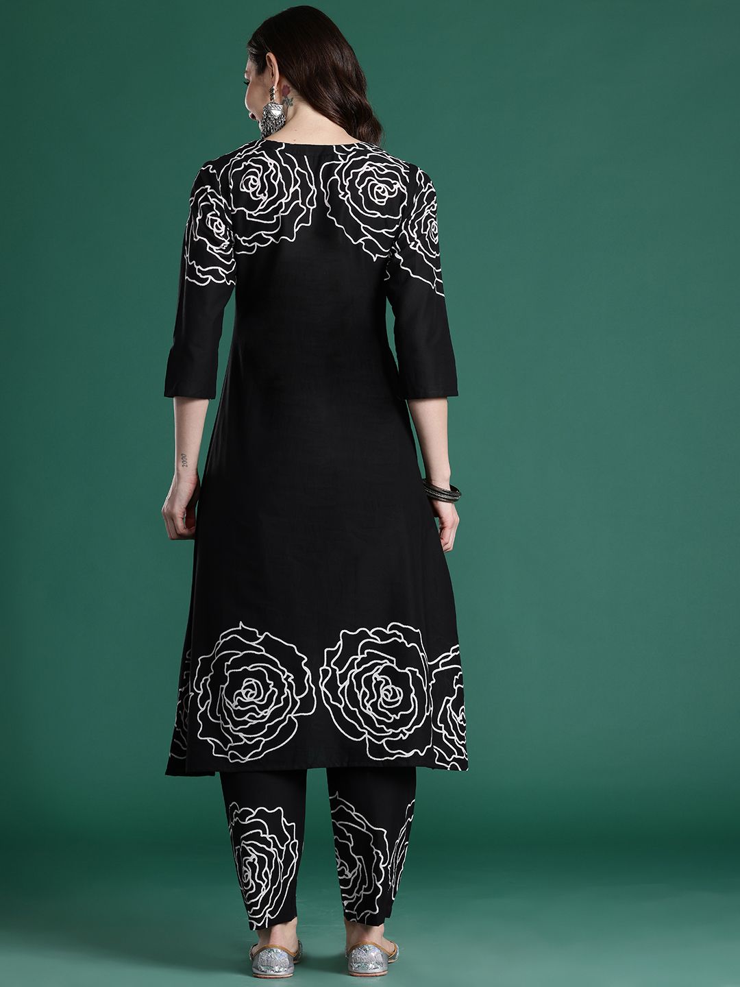 Floral Printed Mirror Work Pure Cotton Kurta with Trousers