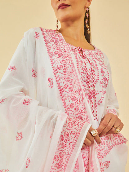 Dhiyona SO Women's White & Pink Floral Printed Pure Cotton Straight Kurta With Trousers & Dupatta