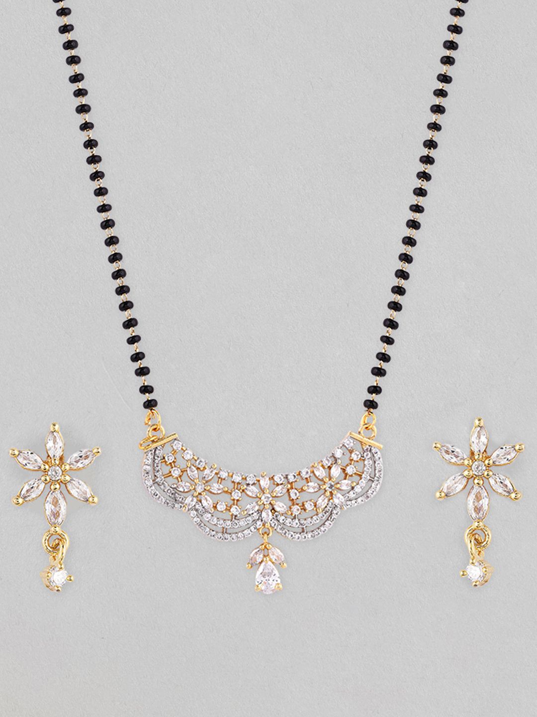 Dhiyona RJ Women's 22K Gold-Plated AD & Cubic Zirconia Studded Black Beaded Floral Mangalsutra Set