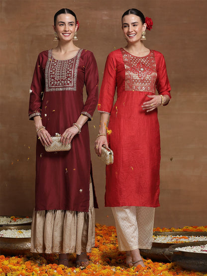 Dhiyona IE Pack of 2 Ethnic Motifs Embroidered Straight Kurta