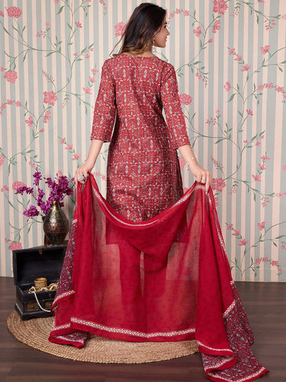Dhiyona OD  Floral Printed Regular Pure Cotton Kurta with Trousers & Dupatta