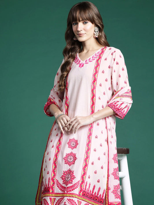 Dhiyona IE Ethnic Motifs Embroidered Panelled Pure Cotton Kurta with Trousers & Dupatta