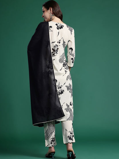 Dhiyona IE Women Floral Printed Regular Beads and Stones Pure Cotton Kurta with Trousers & With Dupatta