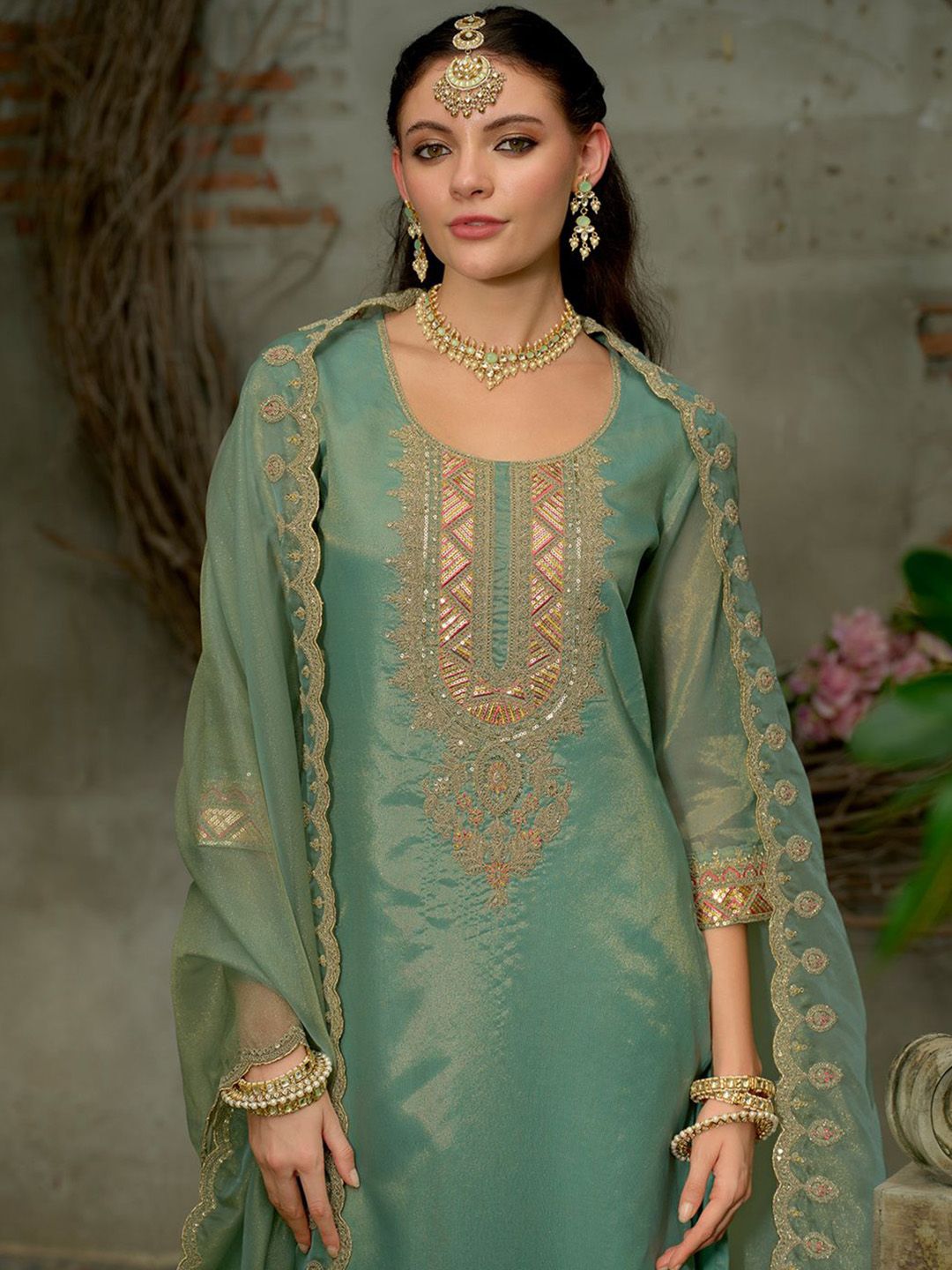 Dhiyona IE Women's Ethnic Motifs Embroidered Kurta with Trousers & Dupatta