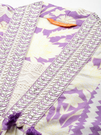Dhiyona IE Floral Printed Panelled Mirror Work Pure Cotton Kurta With Trousers & Dupatta