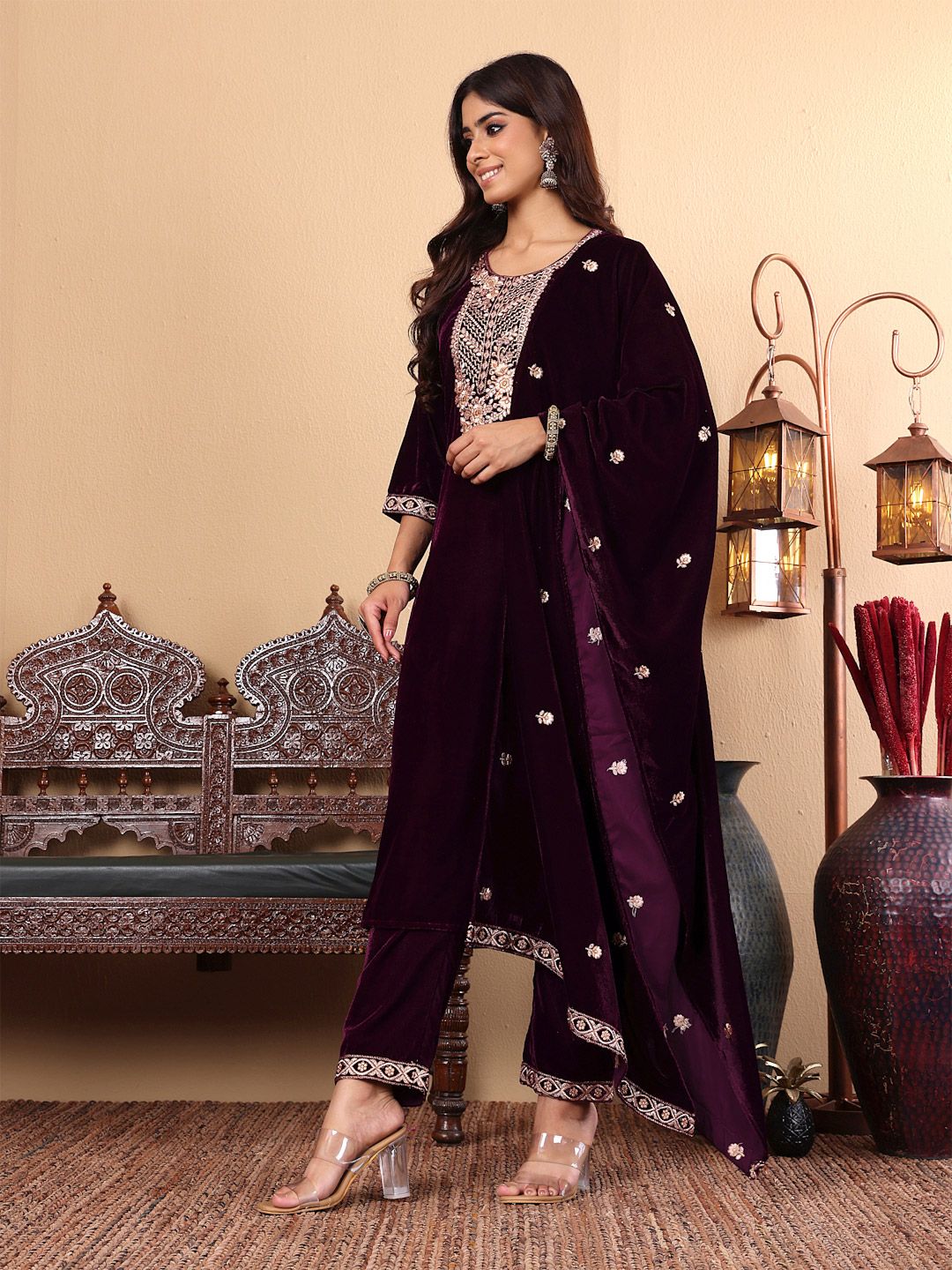 Dhiyona VA Women'sPurple Floral Yoke Design Thread Work Velvet Kurta with Trousers & Dupatta