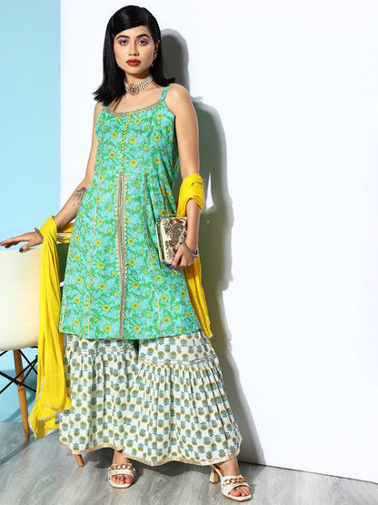 Dhiyona VA Women's Green Ethnic Motifs Printed Pure Cotton Kurta with Sharara & Dupatta