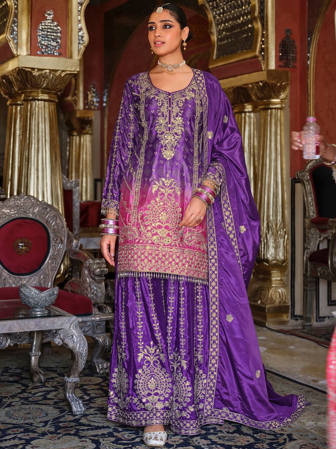 Dhiyona IE Women's Ethnic Motifs Embroidered Mirror Work Kurta with Palazzos & Dupatta