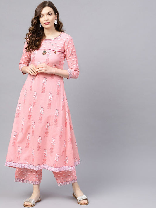 Dhiyona IS Women's Floral Printed Beads and Stones Pure Cotton Kurta with Palazzos