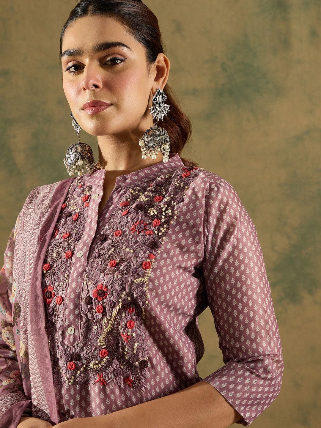 Dhiyona IE Floral Printed Thread Work Chanderi Silk Straight Kurta with Trouser & Dupatta