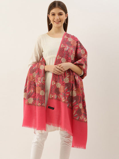 Dhiyona PA Women Pink & Grey Embroidered Woolen Shawl