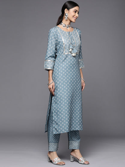 Dhiyona VA Women's Grey Bandhani Yoke Design Sequinned Kurta with Trousers & Dupatta
