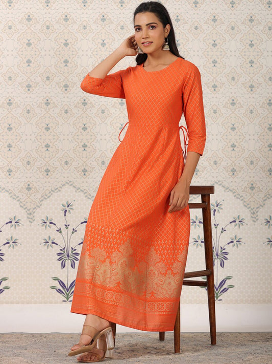 Dhiyona OD  Orange Coloured Ethnic Motifs Woven Design Anarkali Kurta