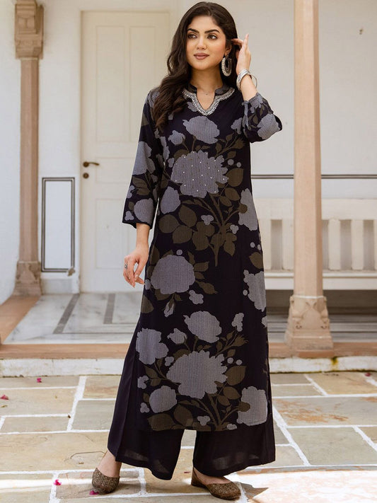 Dhiyona IS Women's Floral Printed Mandarin Collar Sequinned Straight Kurta With Palazzos
