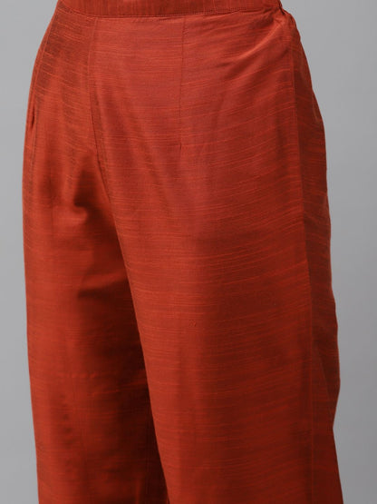 Dhiyona IE Women Orange Floral Embroidered Regular Chanderi Silk Kurta with Palazzos