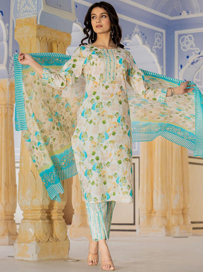 Dhiyona VA Women'sFloral Printed Regular Beads and Stones Kurta with Trouser & Dupatta