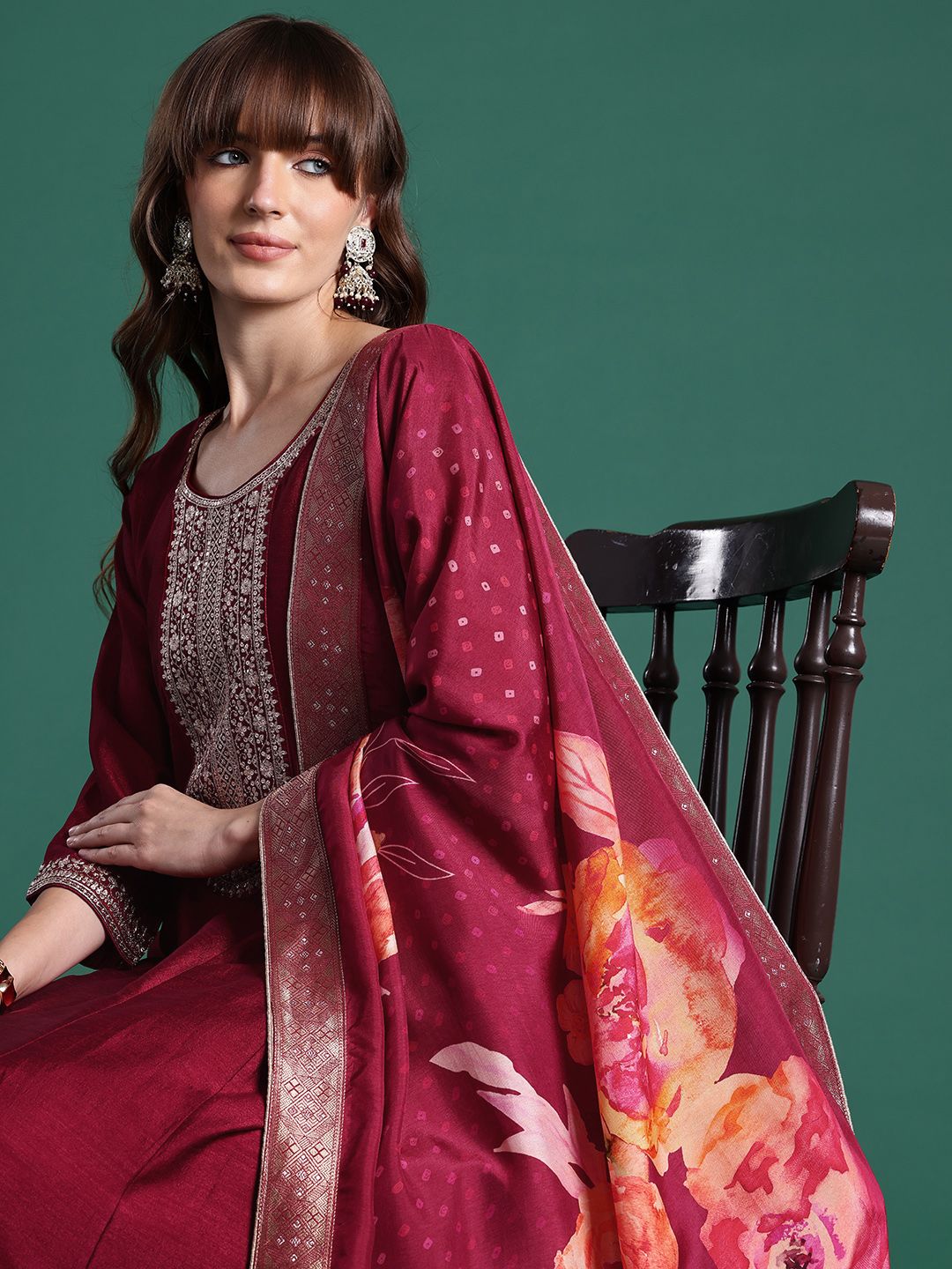 Dhiyona IE Ethnic Motifs Embroidered Sequinned Kurta with Trousers & With Dupatta