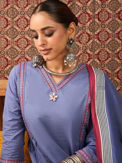 Women Solid Cotton A-Line Kurta with Trousers & Dupatta