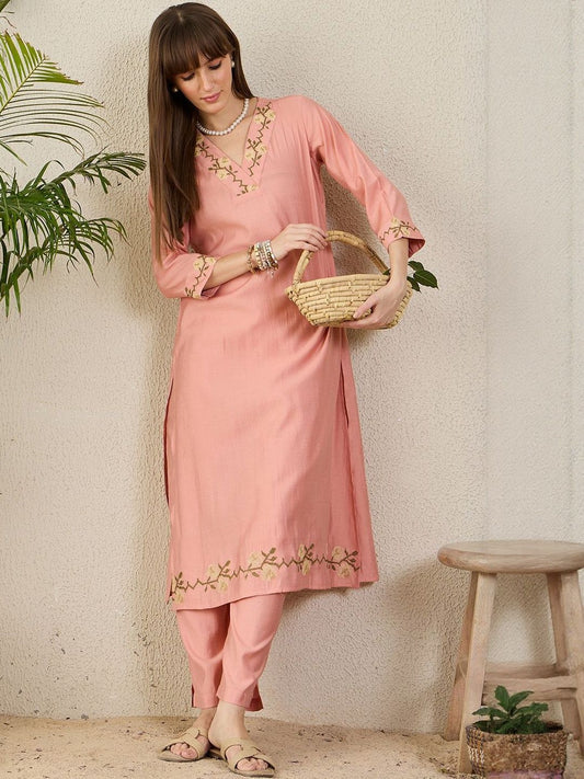 Women Floral Embroidered V-NeckThread Work Kurta with Trousers